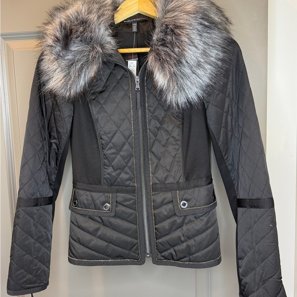 White House Black Market Black Puffer Jacket Faux Fur Collar XXS $220